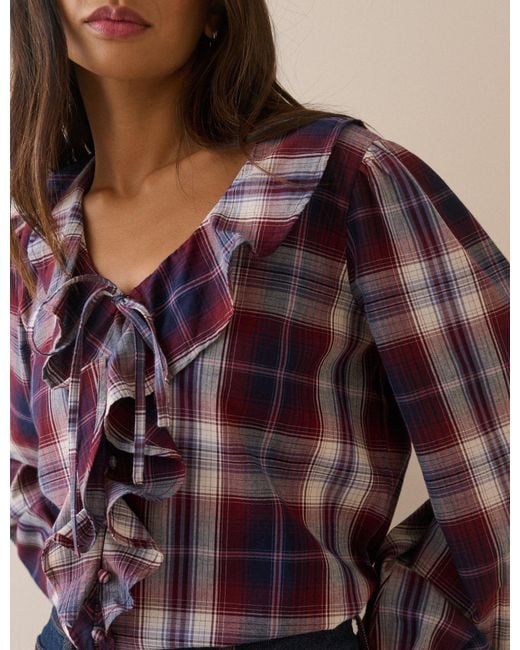 Nobody's Child Brown Check Ruffle Trim Top