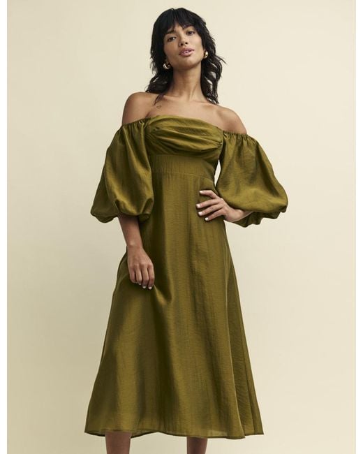 olive green bardot dress Women's Khaki Mesh Overlay Long Sleeve Bardot Maxi Dress