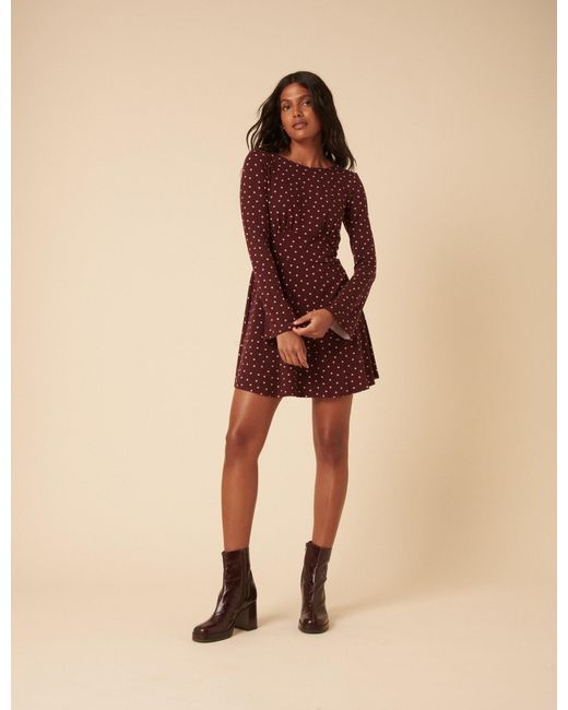 Nobody's Child Natural Burgundy Polka Dot Boat Neck Tate Jersey Mini Dress