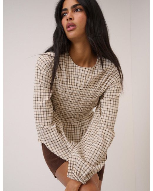Nobody's Child Brown Check Balloon Sleeve Blouse