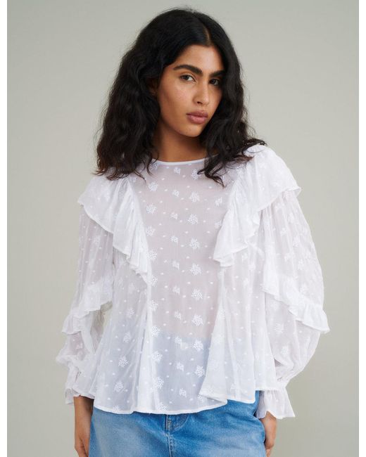 Nobody's Child White Frill Floral Embroidered Blouse