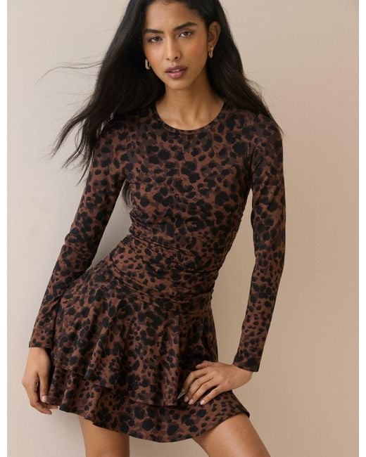 Nobody's Child Brown Leopard Print Long Sleeve Yuki Mini Dress