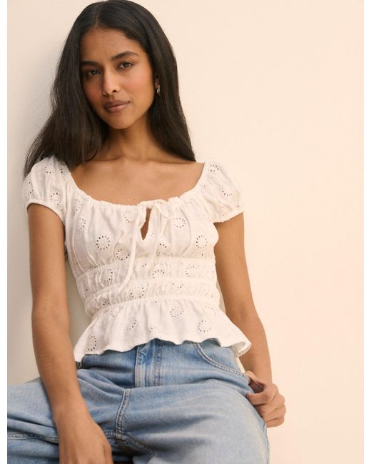 Nobody's Child Natural Broderie Anglaise Shirred Milkmaid Top