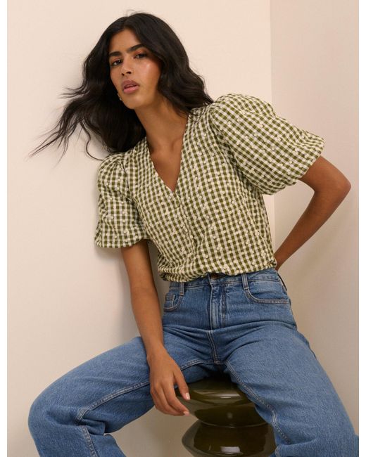 Nobody's Child Brown Gingham Embroidered Puff Sleeve Top