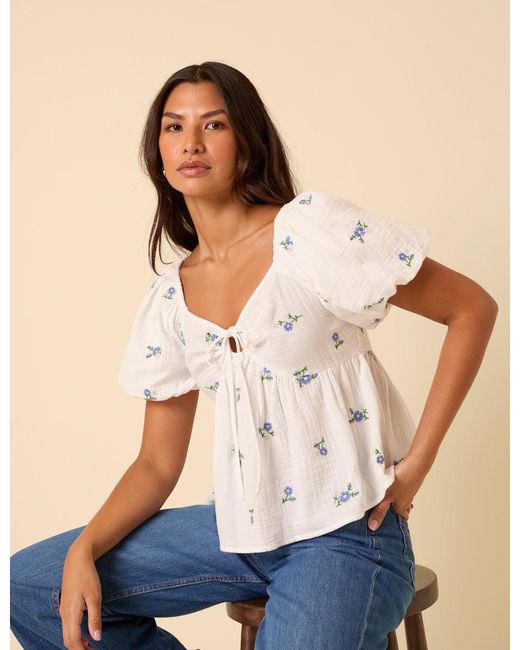 Nobody's Child Blue Floral Embroidererd Puff Sleeve Top