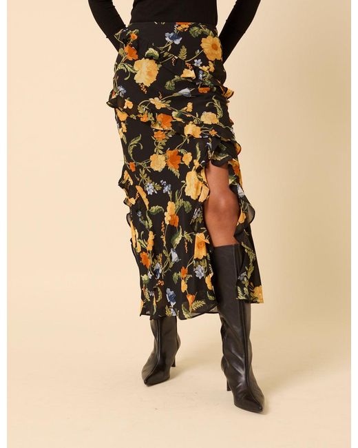 Nobody's Child Natural Floral Ruffle Midi Skirt