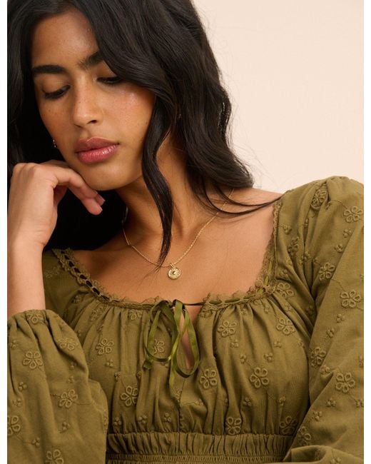 Nobody's Child Green Embroidered Long Sleeve Shirred Bodice Top