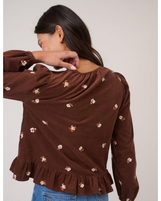 Nobody's Child Brown Cord Floral Embroidered Frill Blouse