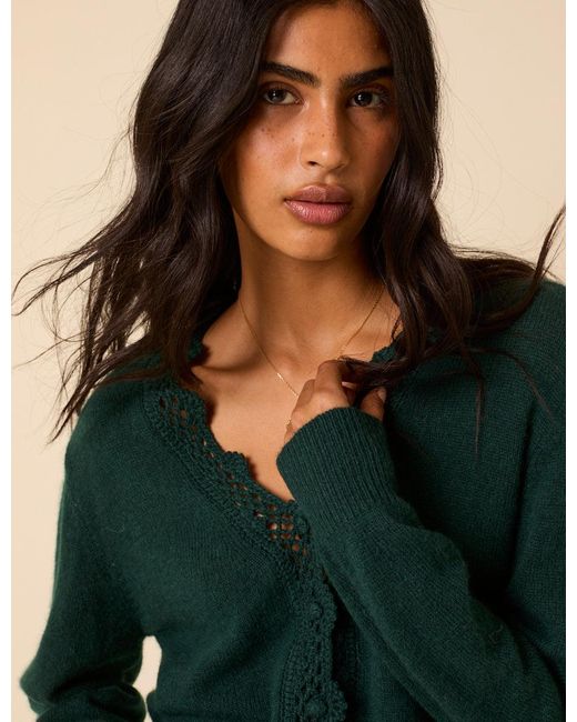 Nobody's Child Green Dark Crochet Trim V-Neck Cardigan