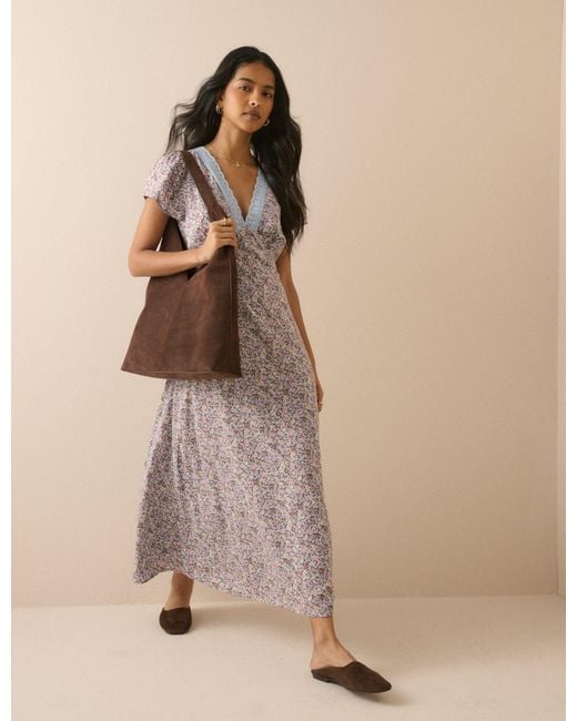 Nobody's Child Natural Ditsy Floral Lace Trim Kacey Midi Dress