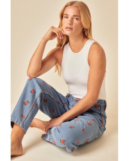 Nobody's Child Blue Denim Floral Embroidered Jeans