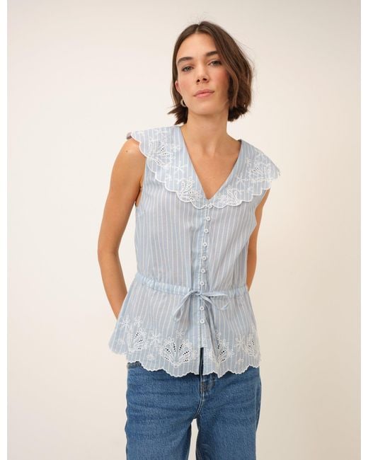 Nobody's Child Blue Light Pinstripe Broderie Collar Simona Top