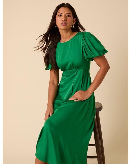 Nobody's Child Green Satin Puff Sleeve Quinn Midi Dress