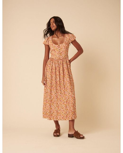 Nobody's Child Natural Floral Puff Sleeve Cora Midi Dress