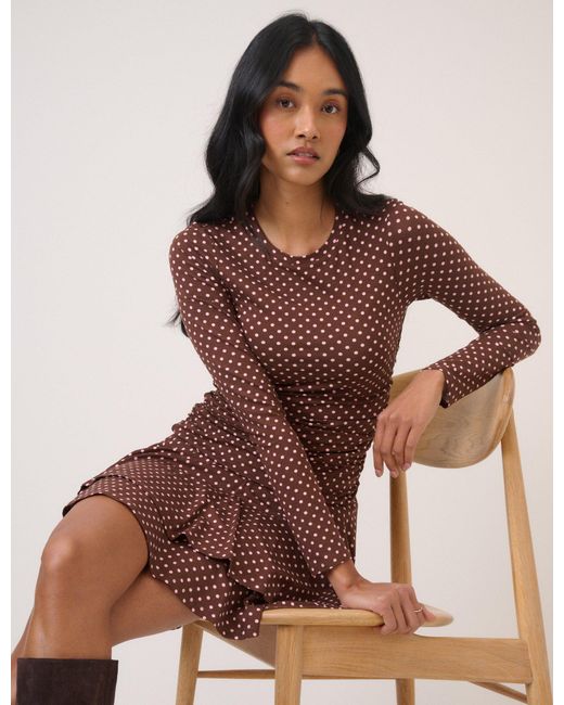 Nobody's Child Brown Polka Dot Long Sleeve Yuki Jersey Mini Dress