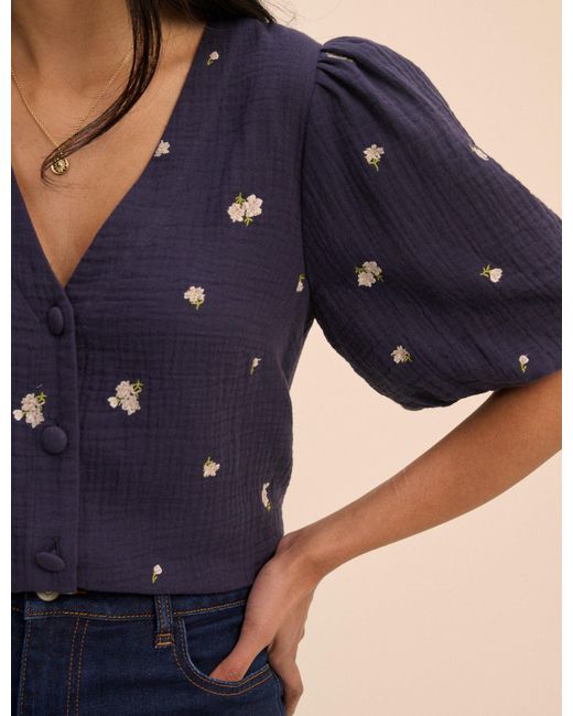 Nobody's Child Blue Floral Embroidered Puff Sleeve Top