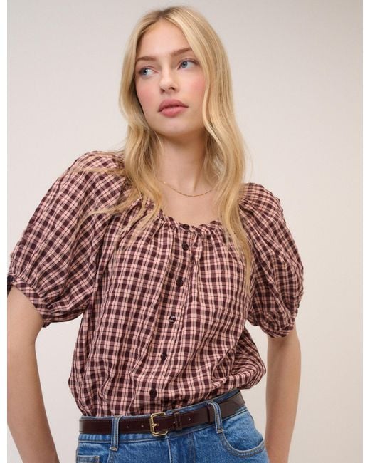 Nobody's Child Pink Check Puff Sleeve Button Front Top