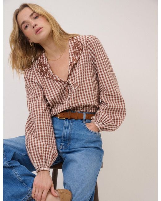 Nobody's Child Blue Gingham Embroidered Floral Collar Blouse