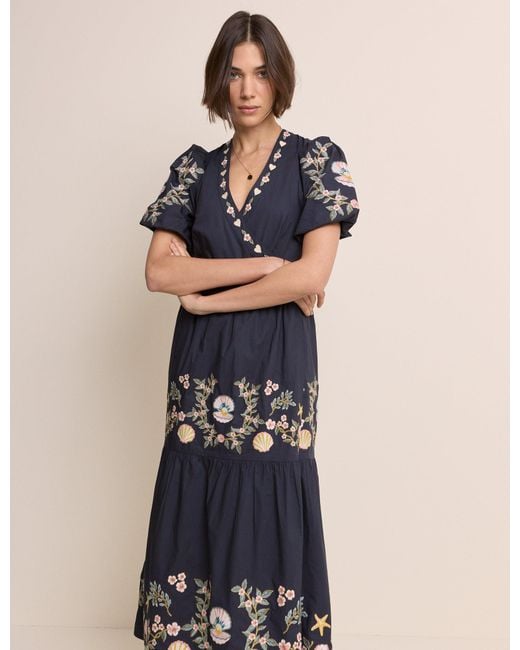 Nobody's Child Blue Embroidered Tiered Jayden Midi Dress