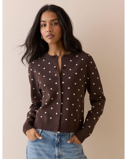 Nobody's Child Brown Polka Dot Jacquard Cardigan With Neck Tie