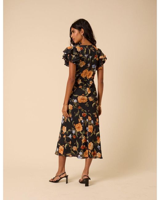 Nobody's Child Natural Floral Frill Sleeve Layla Midi Dress