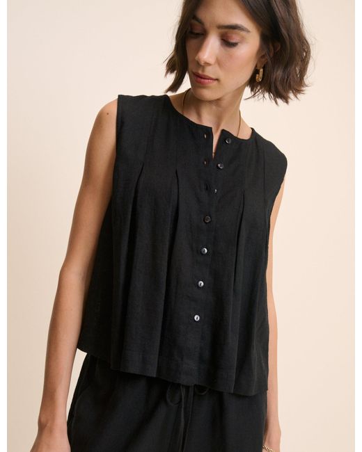 Nobody's Child Black Linen-Blend Pintuck Top