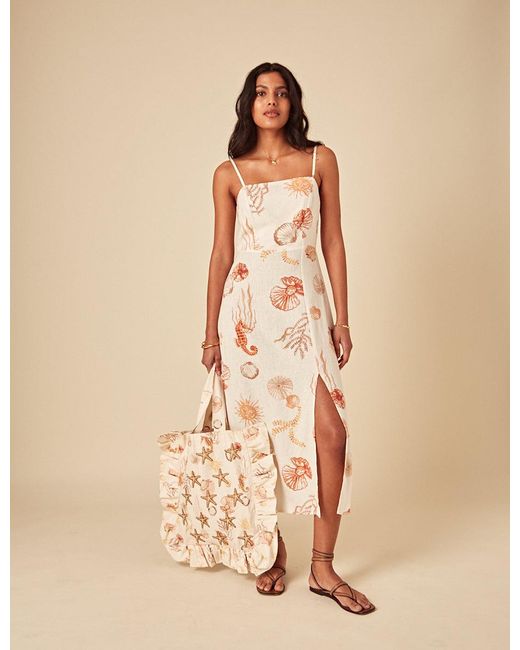 Nobody's Child Natural Elizabeth Scarlett Linen-Blend Shell Print Maddy Midi Dress