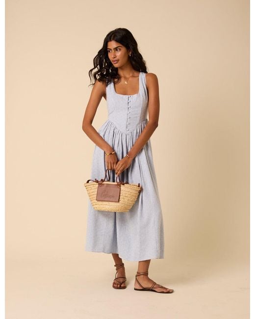 Nobody's Child Natural Pinstripe Linen-Blend Cora Midi Dress