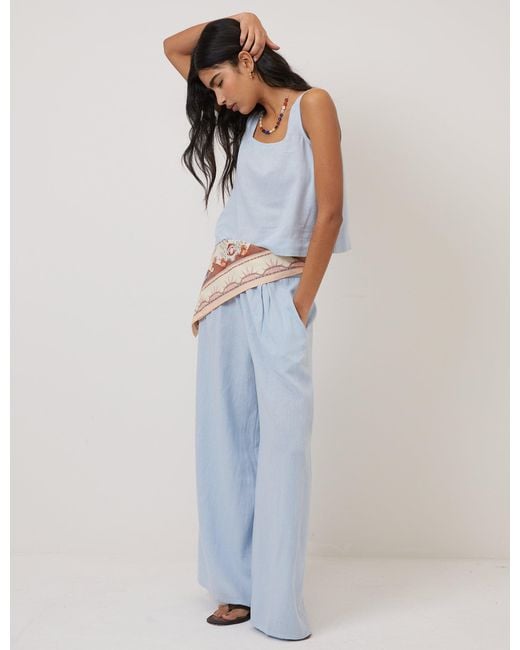 Nobody's Child Blue Light Linen-Blend Wide Leg Trousers