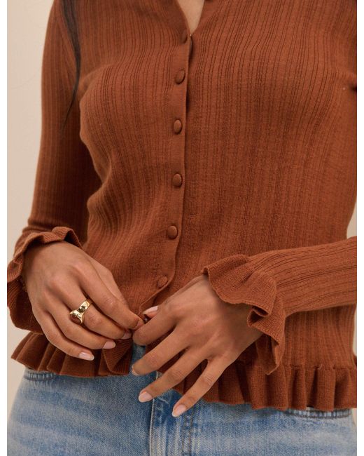 Nobody's Child Brown Rib And Ruffle Sheer Knit Cardigan