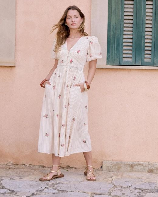 Nobody's Child Natural Light Striped Puff Sleeve Yardley Midi Dress
