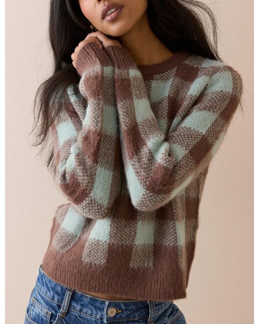 Nobody's Child Brown And Check Brushed Crew Neck Jumper