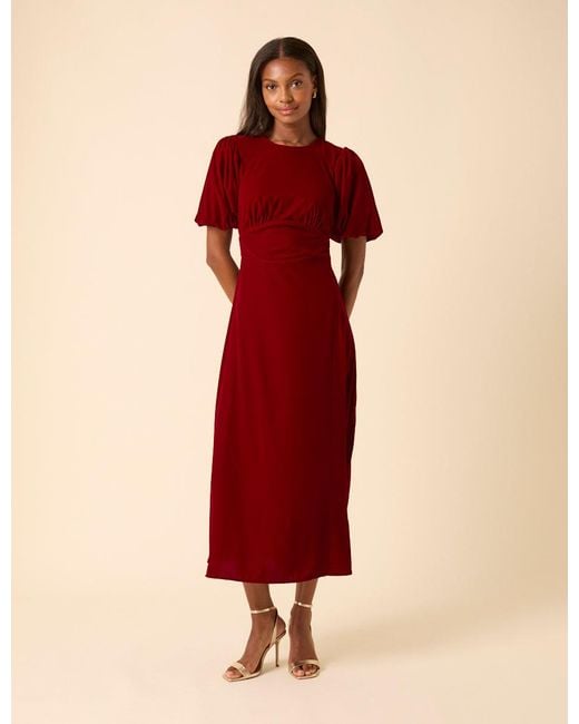 Nobody's Child Red Velvet Puff Sleeve Zoi Midi Dress