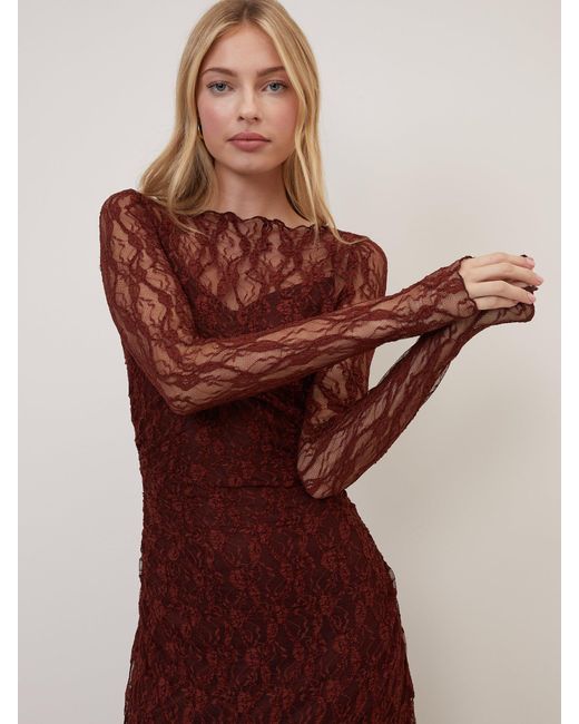 Nobody's Child Burgundy Lace Mallory Long Sleeve Midi Dress in Brown | Lyst  UK