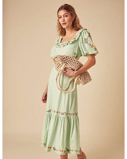 Nobody's Child Natural Elizabeth Scarlett Mint Floral Embroidered Asher Midi Dress