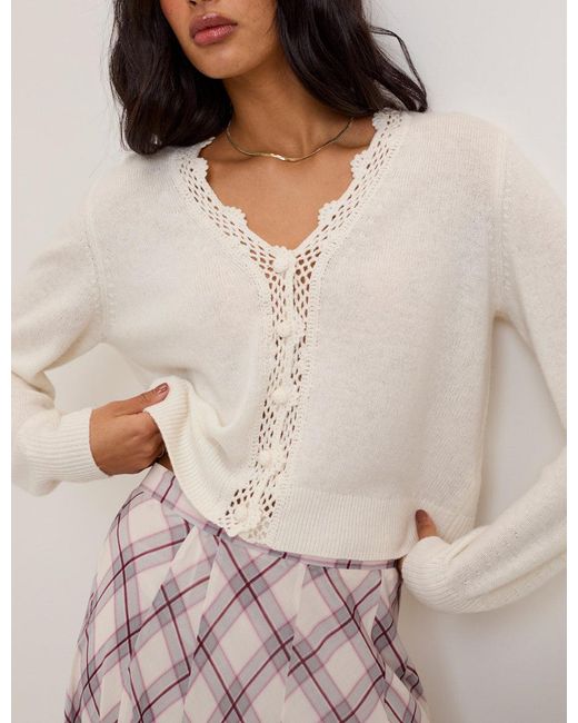 Nobody's Child Brown Wool Blend Crochet Trim V-Neck Cardigan
