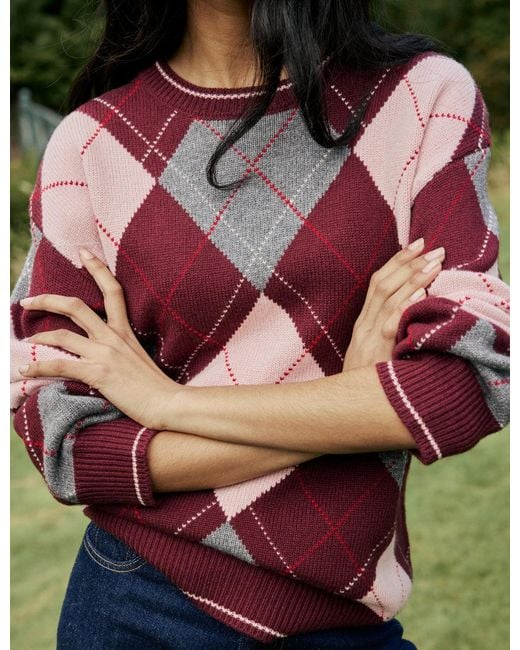 Nobody's Child Purple Argyle Oversized Wool-Blend Jumper