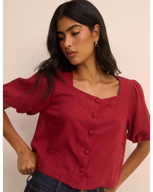 Nobody's Child Red Linen-Blend Puff Sleeve Sammie Top