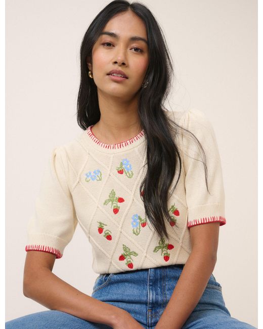 Nobody's Child Natural Strawberry Embroidered Knitted T-Shirt