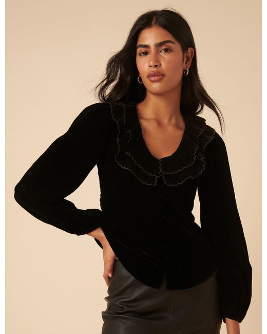 Nobody's Child Black Velvet Ruffle Collared Blouse