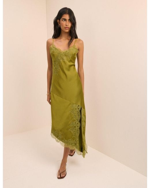 Nobody's Child Green Lace Trim Satin Slip Dress