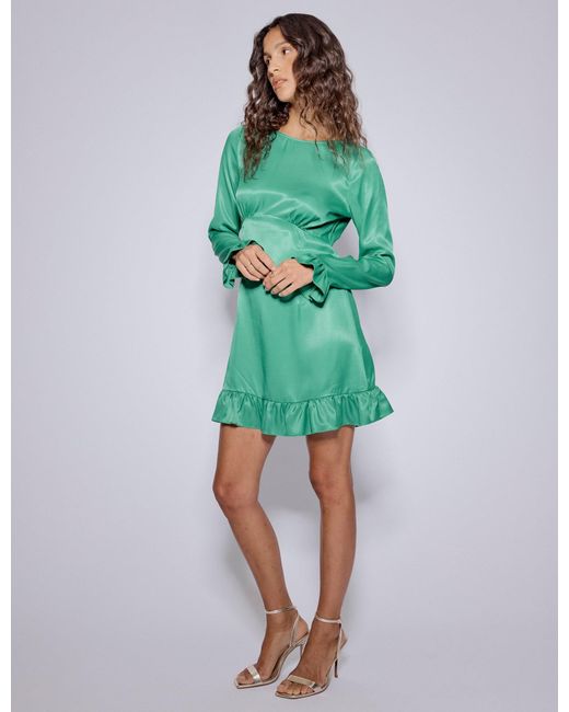 Nobody's Child Green Satin Long Sleeve Frill Bella Mini Dress