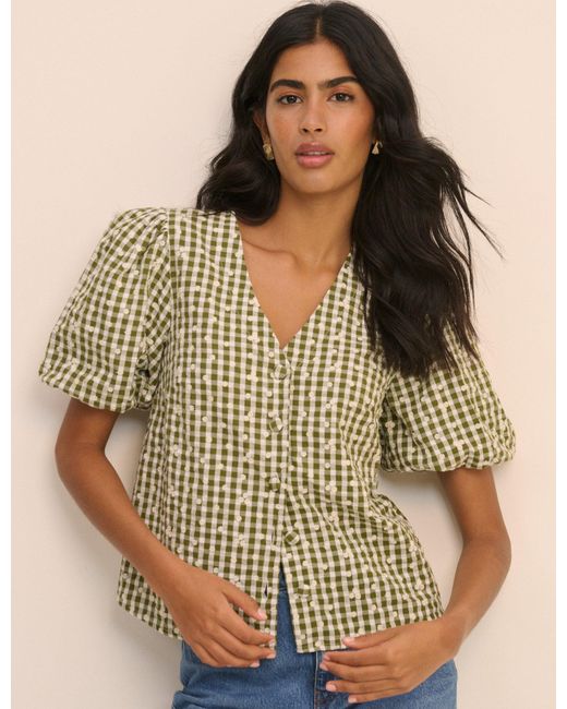 Nobody's Child Brown Gingham Embroidered Puff Sleeve Top