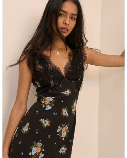 Nobody's Child Black Floral Lace Trim Indy Midi Dress