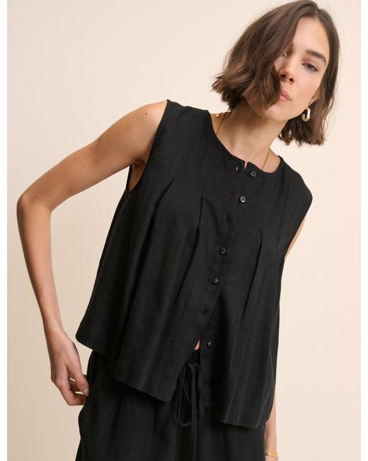 Nobody's Child Black Linen-Blend Pintuck Top