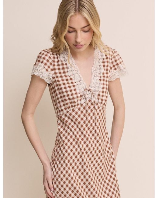 Nobody's Child Natural Gingham Lace Trim Aida Midi Dress