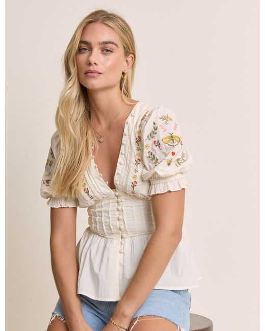 Nobody's Child Natural Embroidered Puff Sleeve Peplum Top