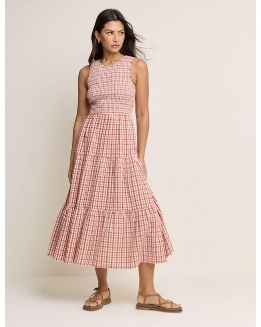 Nobody's Child Pink And Gingham Shirred Charlie Midi Dress