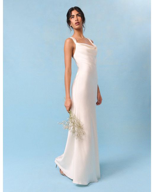 Nobody's Child Blue Bridal Pearl Satin Draped Slip Maxi Dress