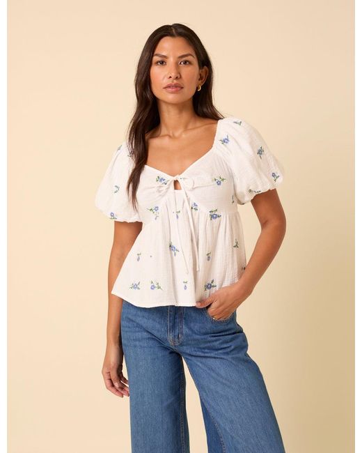 Nobody's Child Blue Floral Embroidererd Puff Sleeve Top